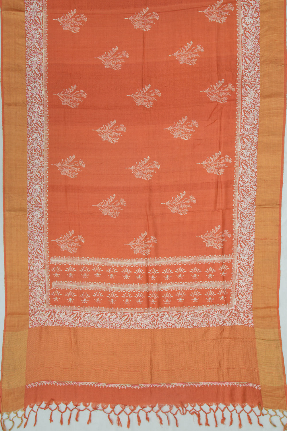 Bhagalpuri Tussar Floral Printed Rust Brown Saree