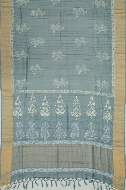 Bhagalpuri Tussar Floral Printed Grey Saree