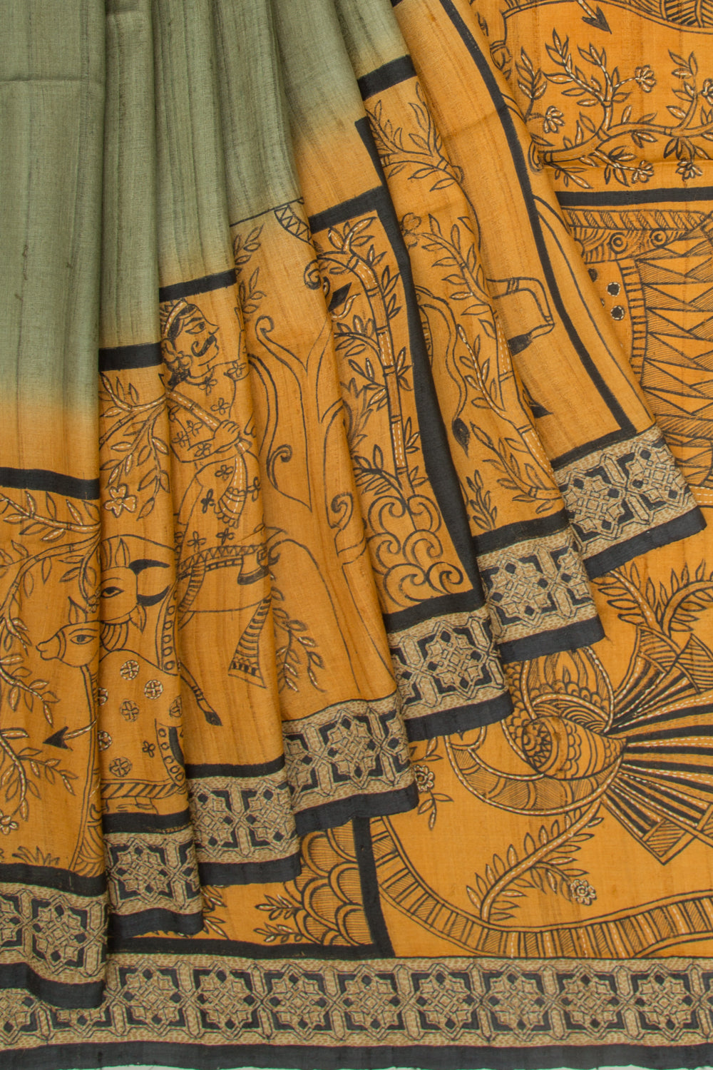Tussar Plain Pista Green Saree With Kantha Work