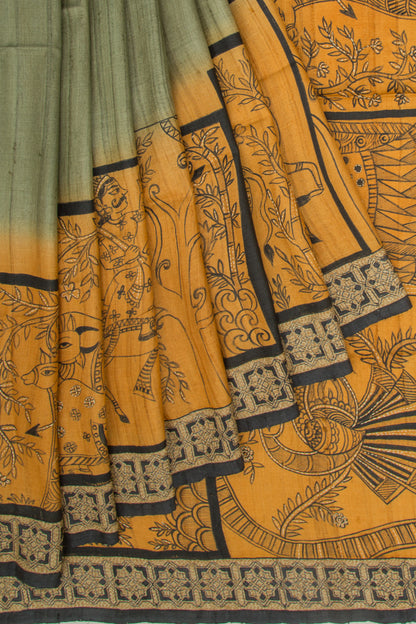 Tussar Plain Pista Green Saree With Kantha Work