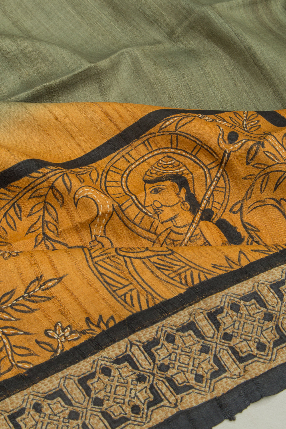 Tussar Plain Pista Green Saree With Kantha Work
