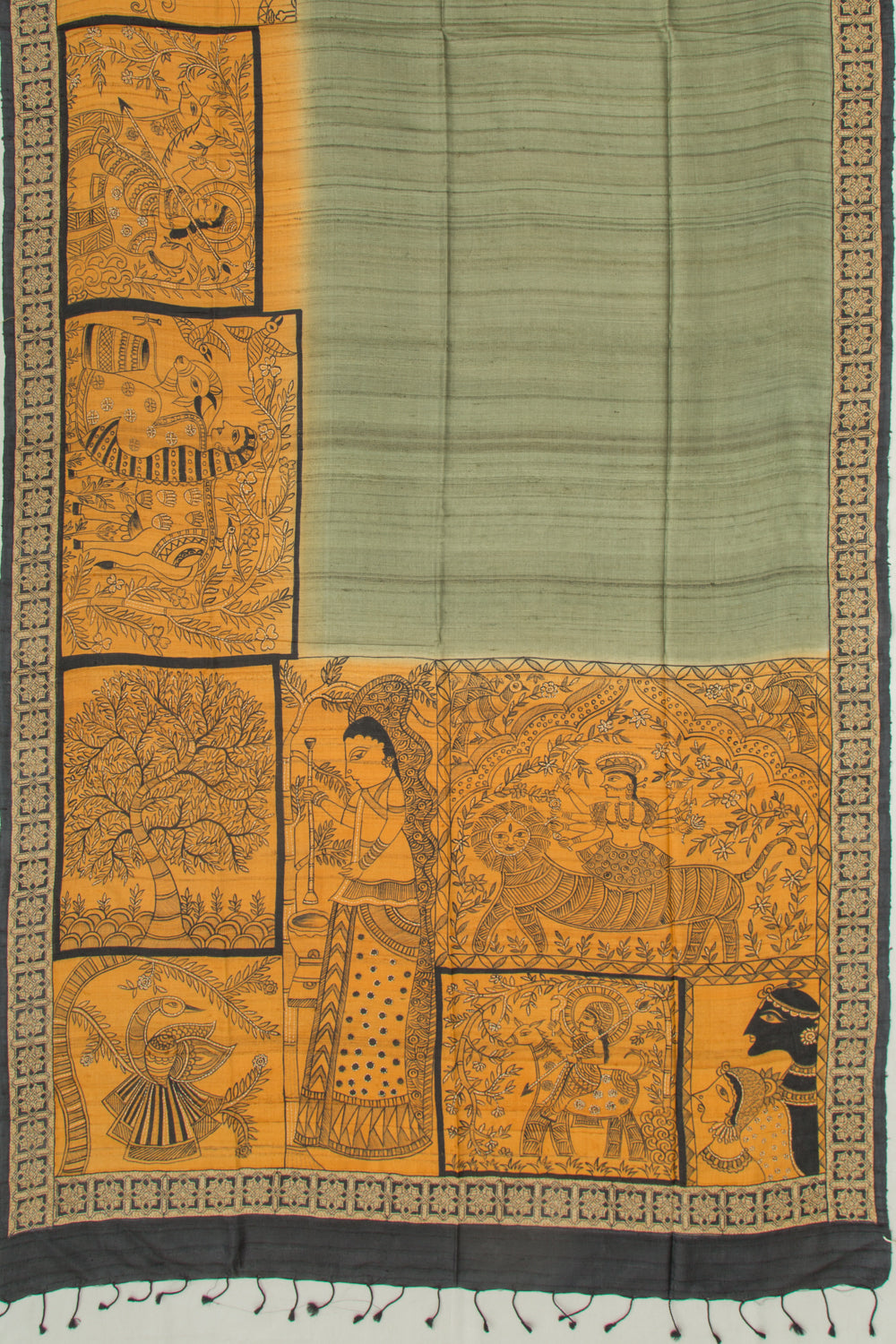 Tussar Plain Pista Green Saree With Kantha Work