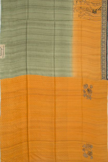 Tussar Plain Pista Green Saree With Kantha Work