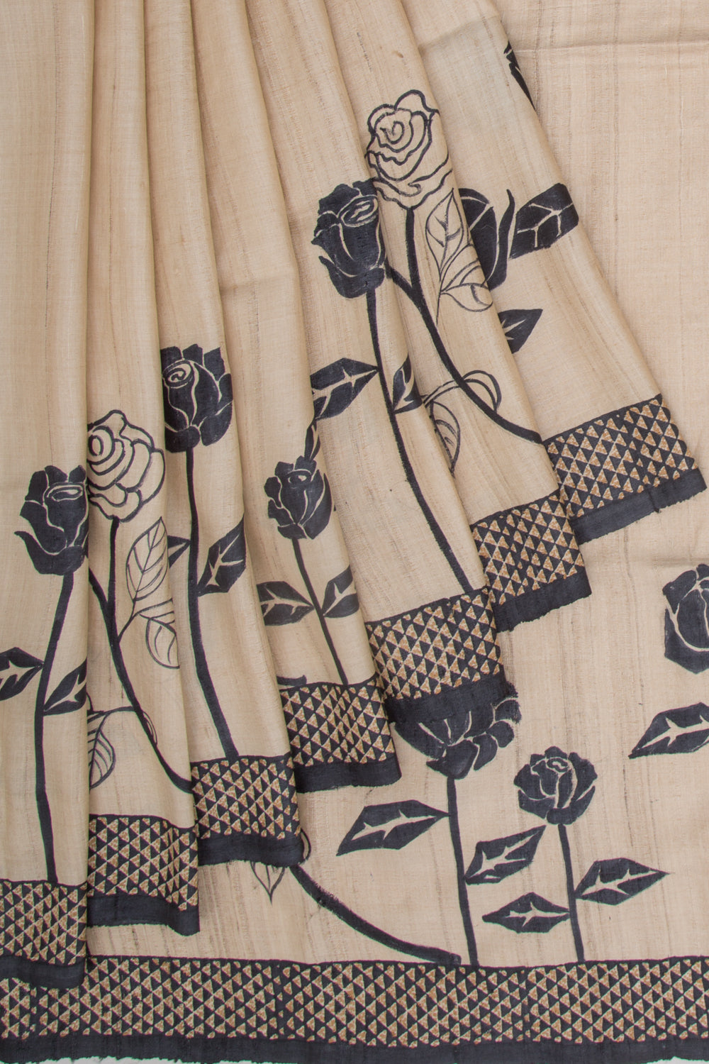 Tussar Plain Beige Saree With Kantha Work