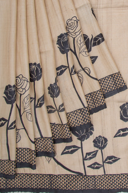 Tussar Plain Beige Saree With Kantha Work