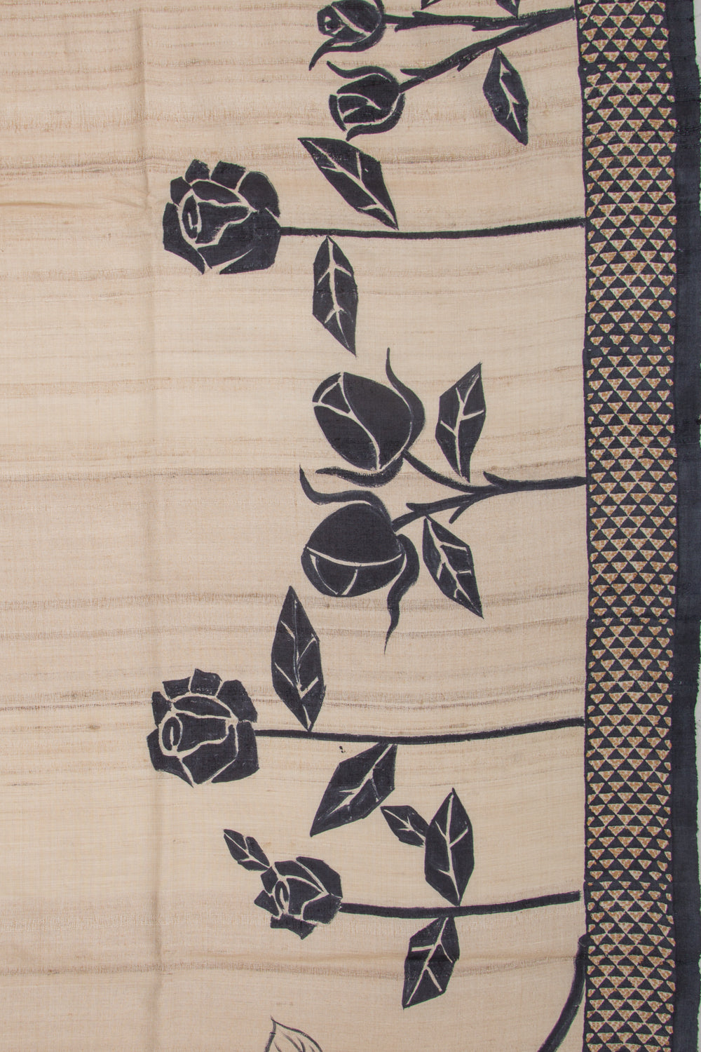 Tussar Plain Beige Saree With Kantha Work