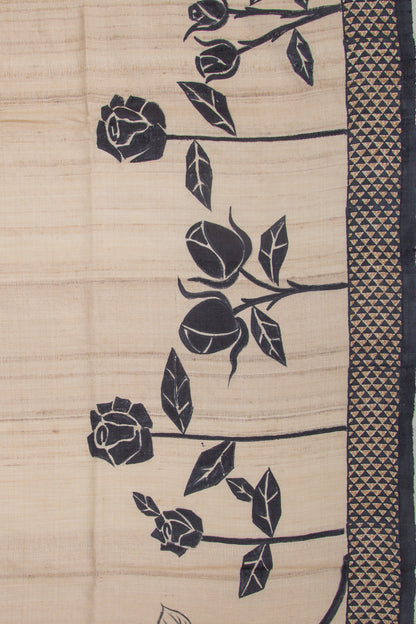 Tussar Plain Beige Saree With Kantha Work