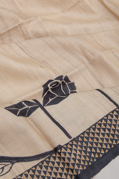 Tussar Plain Beige Saree With Kantha Work