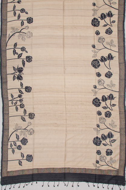 Tussar Plain Beige Saree With Kantha Work