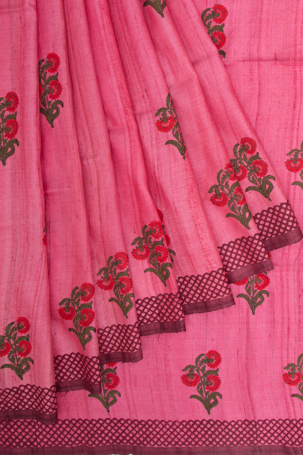 Tussar Butta Pink Saree With Kantha Work