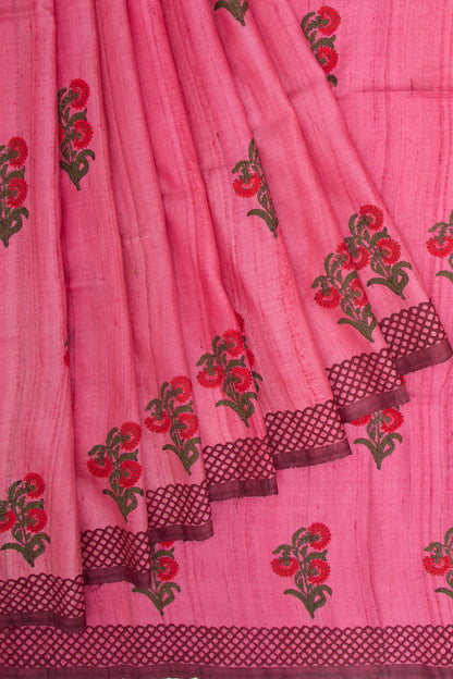 Tussar Butta Pink Saree With Kantha Work
