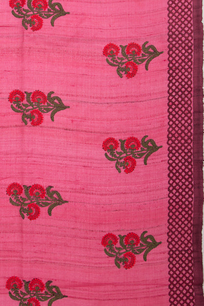 Tussar Butta Pink Saree With Kantha Work
