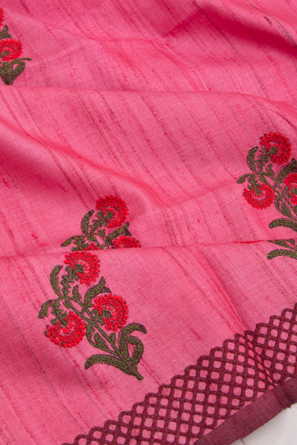 Tussar Butta Pink Saree With Kantha Work