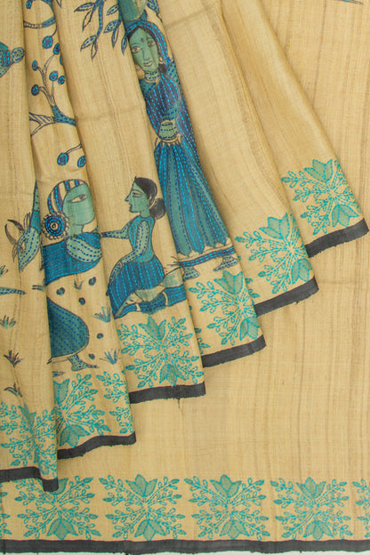 Tussar Printed Beige Saree With Kantha Work