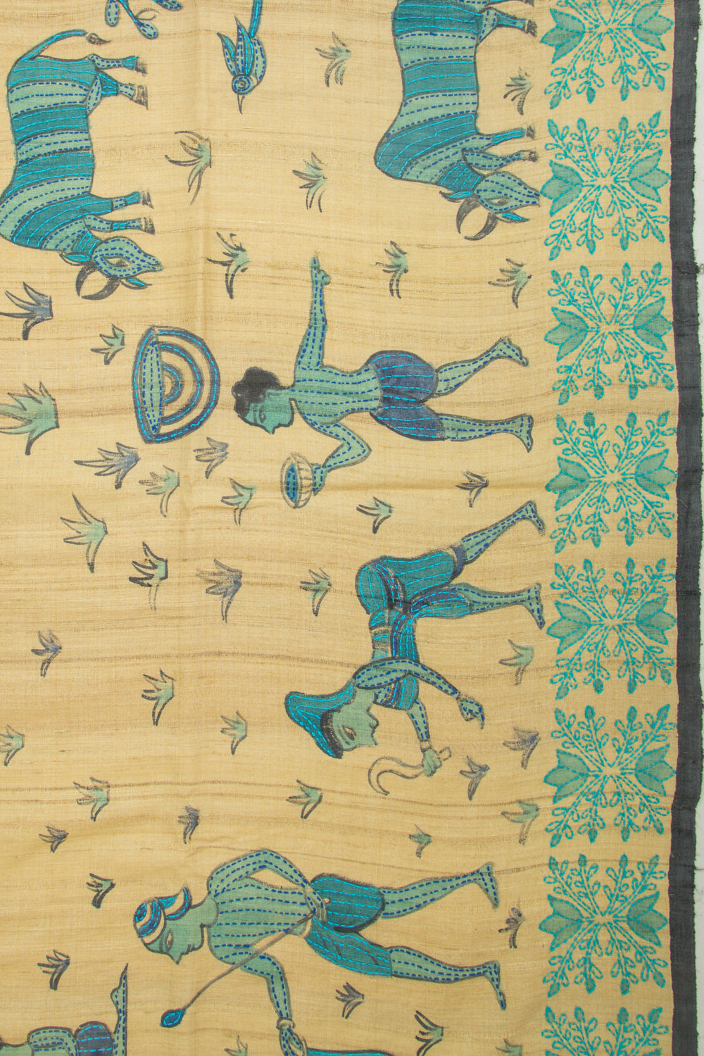 Tussar Printed Beige Saree With Kantha Work
