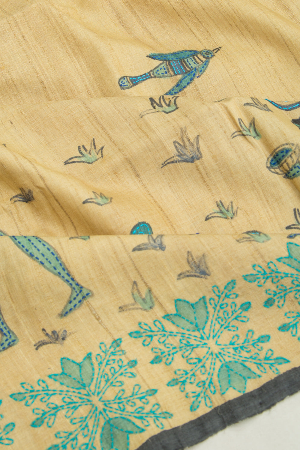 Tussar Printed Beige Saree With Kantha Work