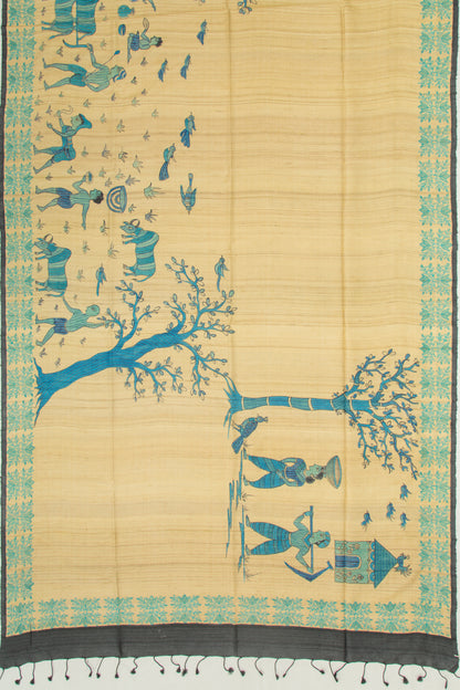 Tussar Printed Beige Saree With Kantha Work
