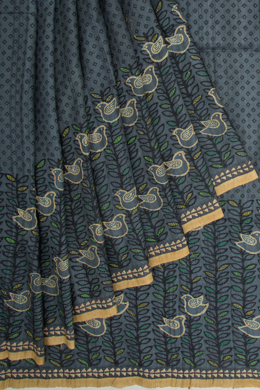 Tussar Printed Blue Saree With Kantha Work