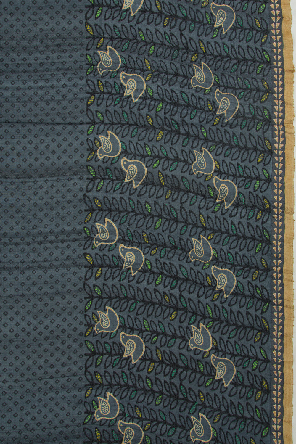 Tussar Printed Blue Saree With Kantha Work