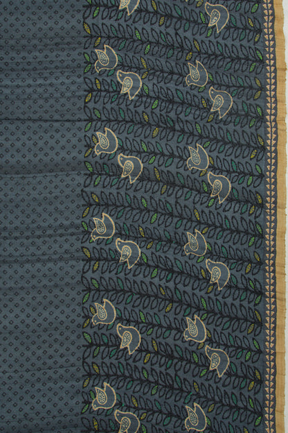 Tussar Printed Blue Saree With Kantha Work