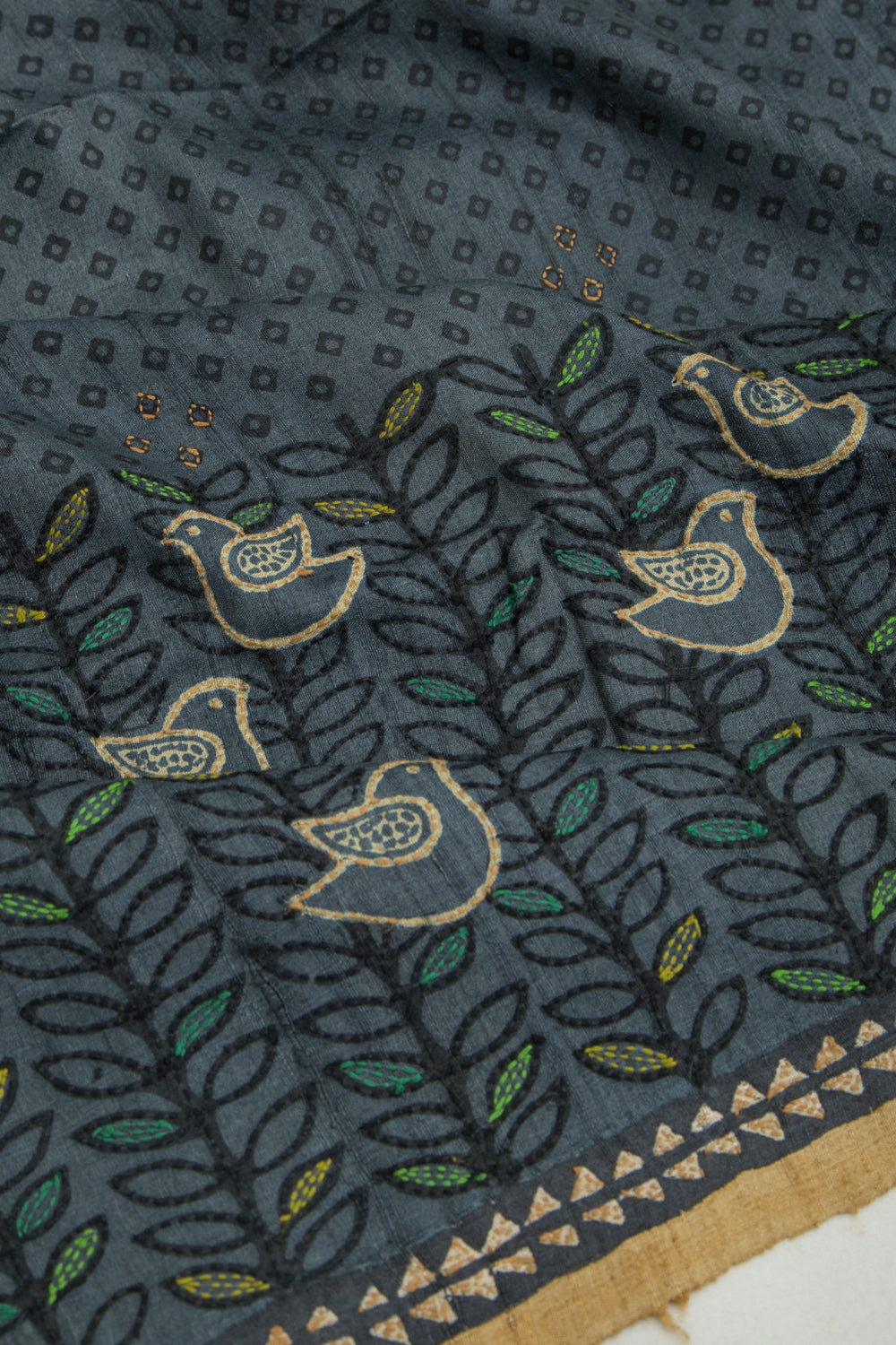Tussar Printed Blue Saree With Kantha Work