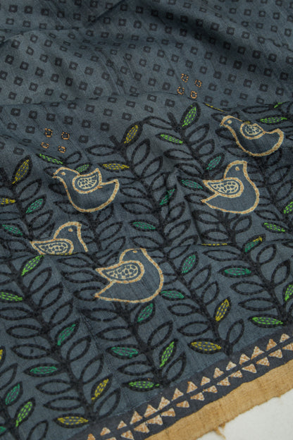 Tussar Printed Blue Saree With Kantha Work