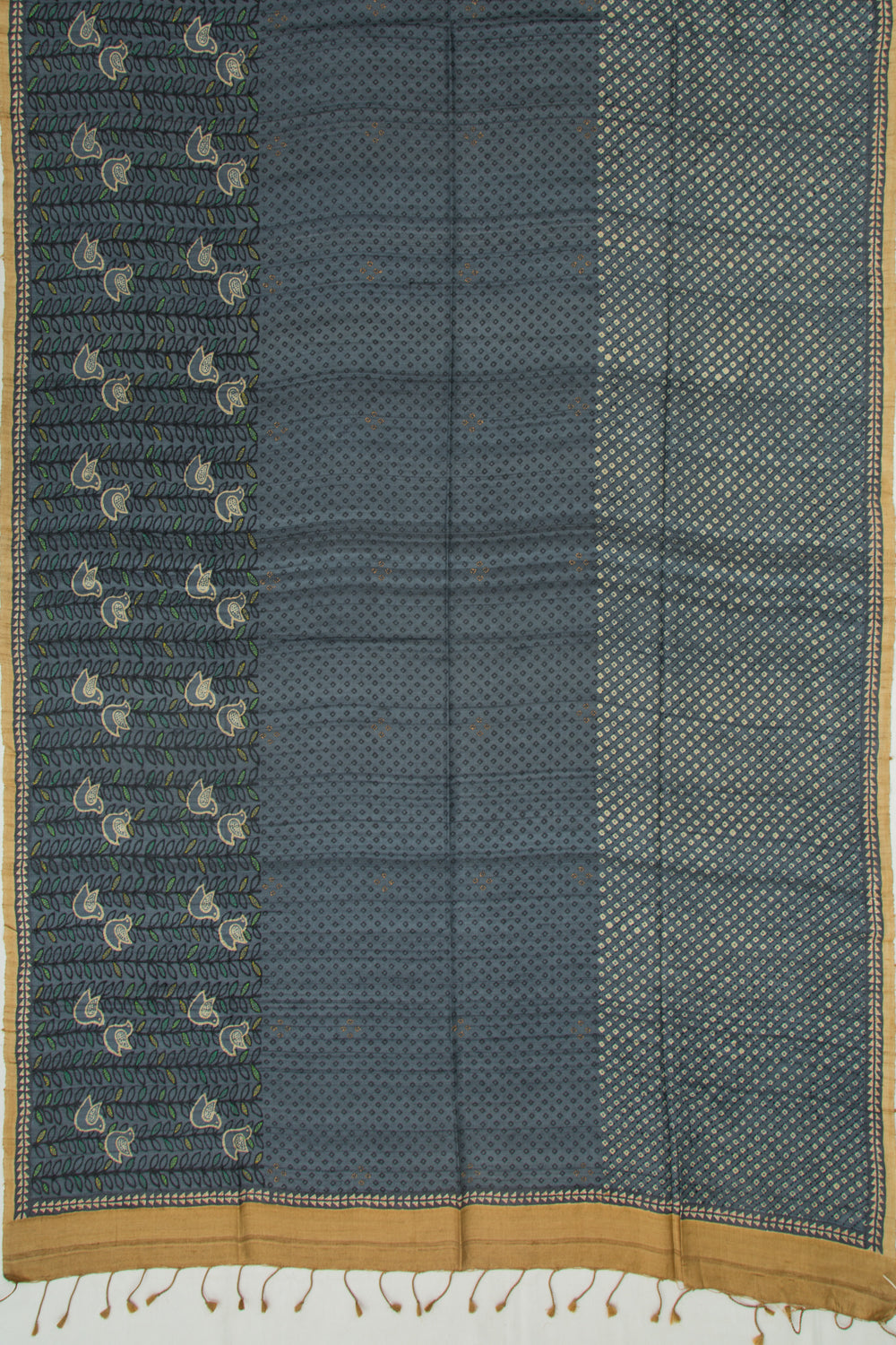 Tussar Printed Blue Saree With Kantha Work