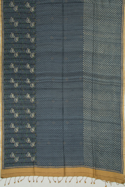 Tussar Printed Blue Saree With Kantha Work