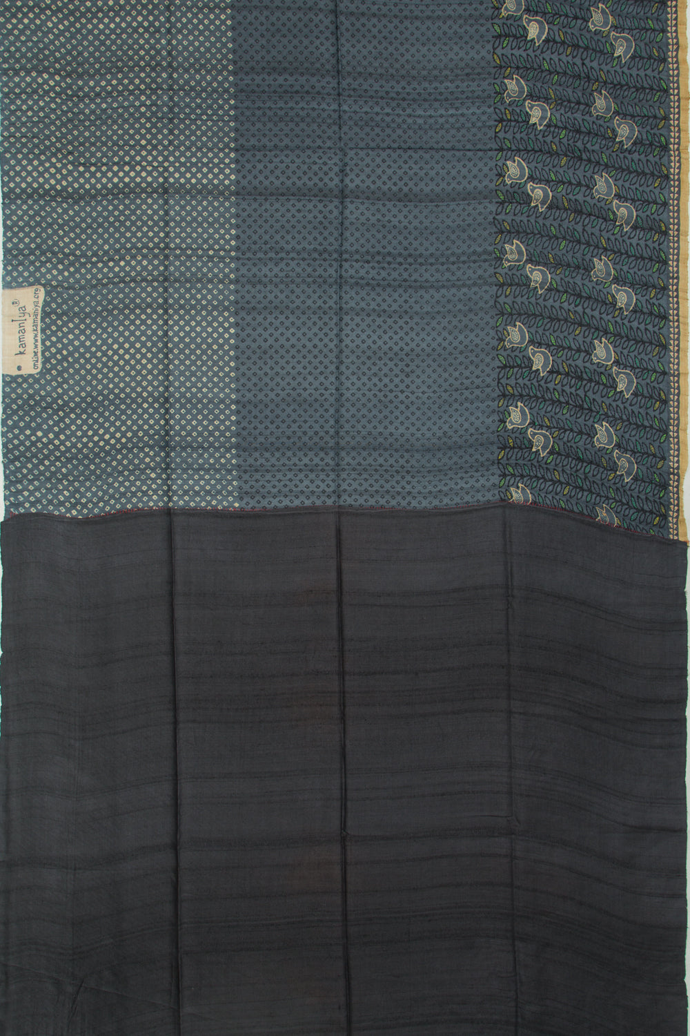 Tussar Printed Blue Saree With Kantha Work