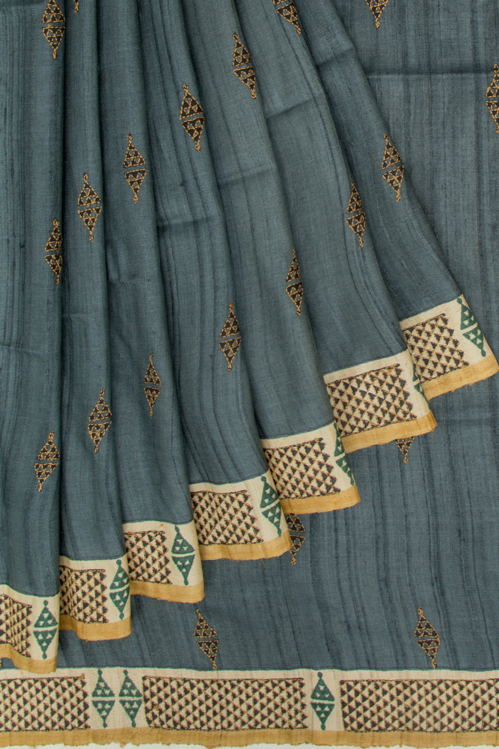 Tussar Butta Elephant Grey Saree With Kantha Work