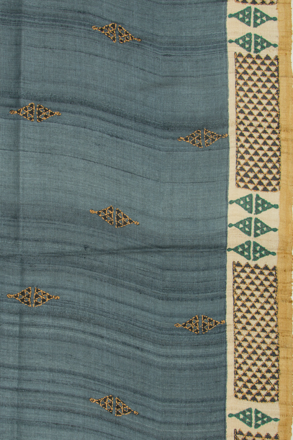 Tussar Butta Elephant Grey Saree With Kantha Work