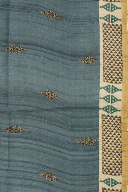Tussar Butta Elephant Grey Saree With Kantha Work