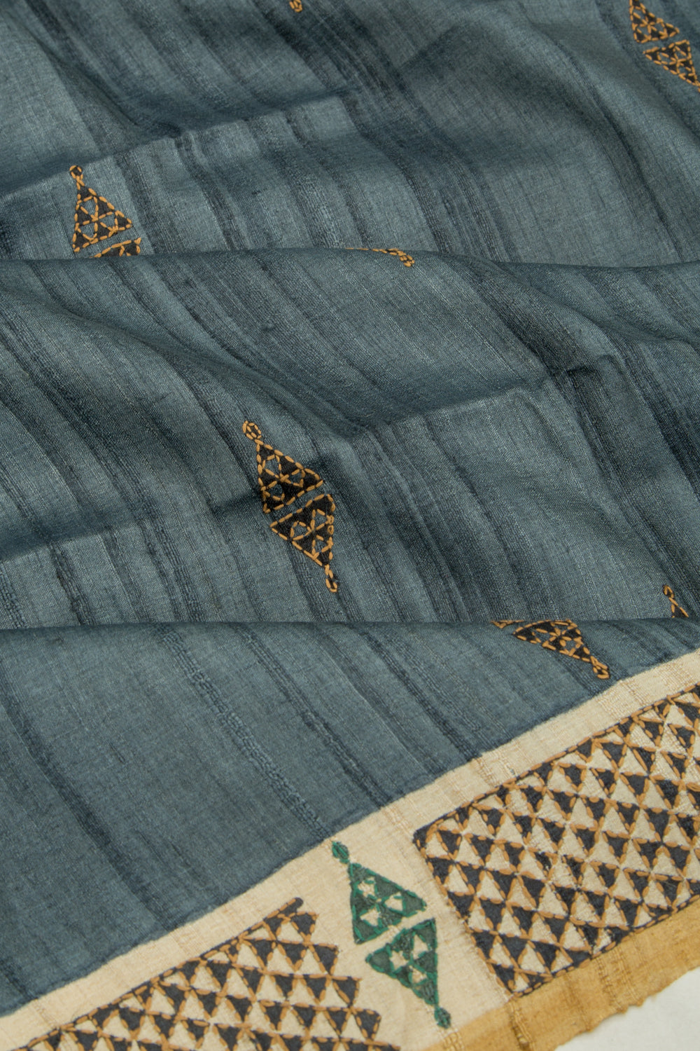 Tussar Butta Elephant Grey Saree With Kantha Work