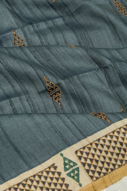 Tussar Butta Elephant Grey Saree With Kantha Work