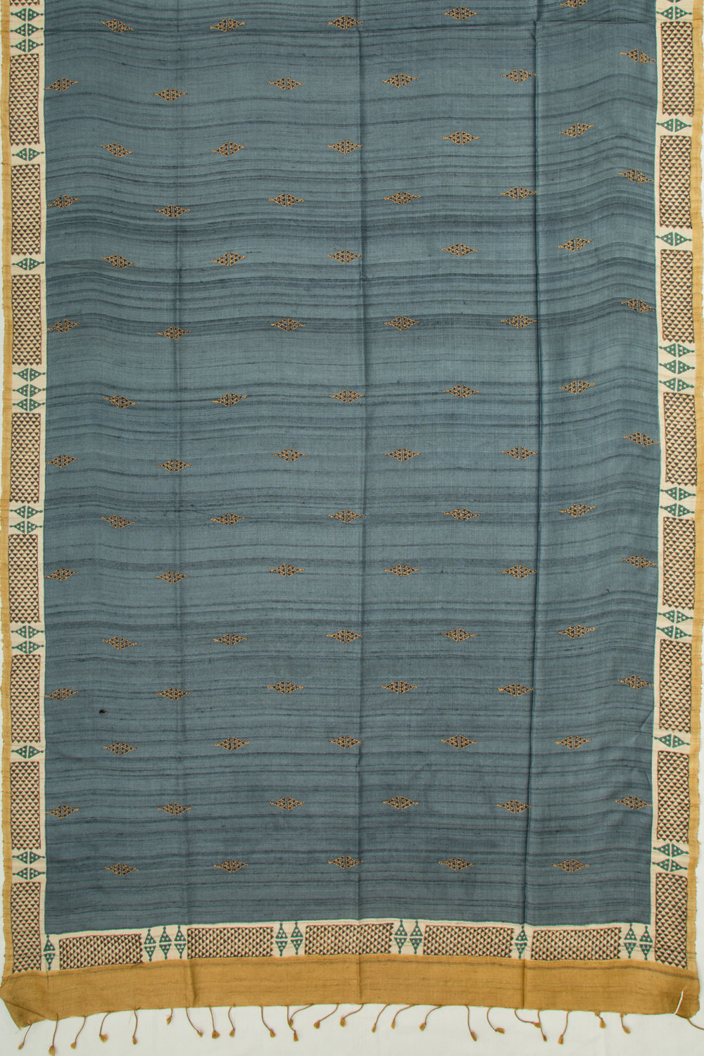 Tussar Butta Elephant Grey Saree With Kantha Work