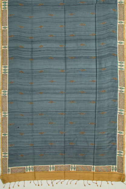 Tussar Butta Elephant Grey Saree With Kantha Work
