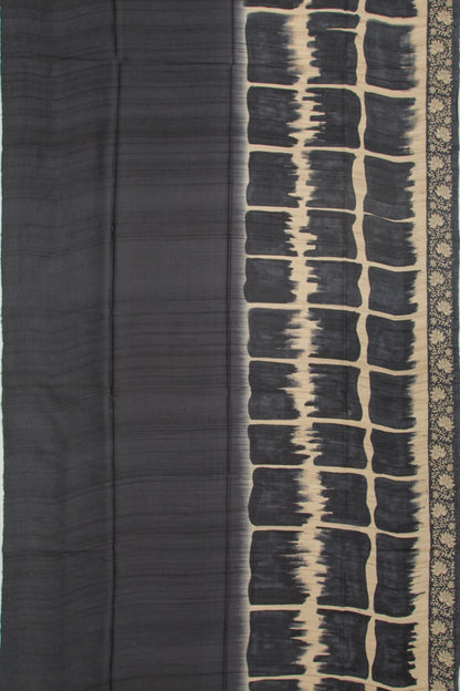Tussar Half And Half Printed Beige And Black Saree With Kantha Work