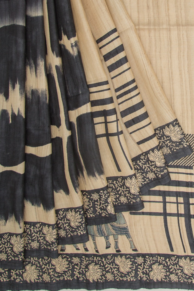 Tussar Half And Half Printed Beige And Black Saree With Kantha Work