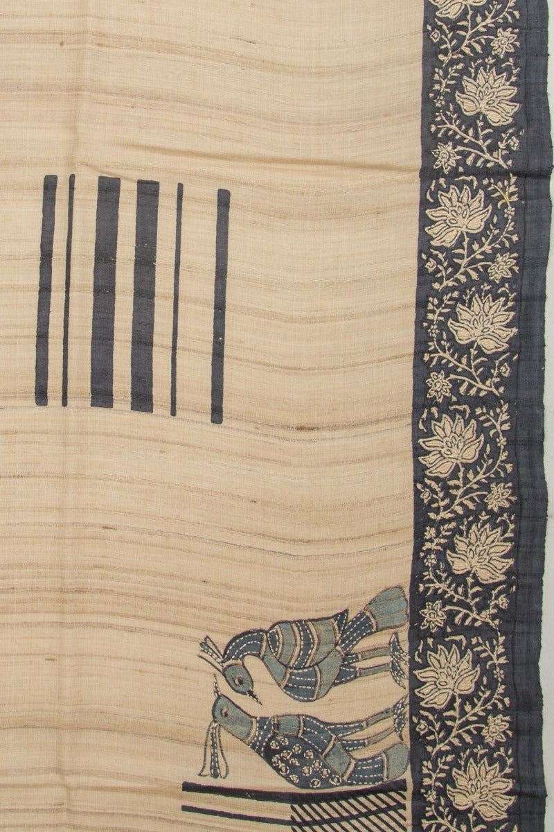 Tussar Half And Half Printed Beige And Black Saree With Kantha Work