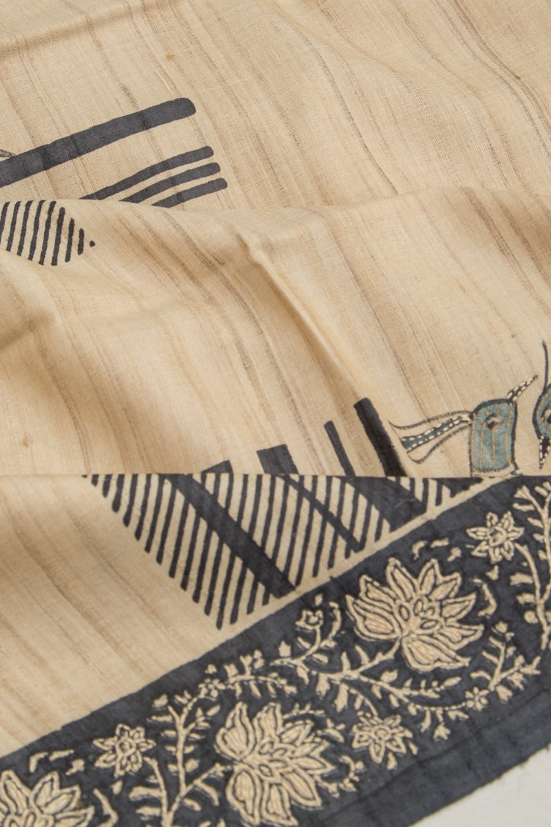 Tussar Half And Half Printed Beige And Black Saree With Kantha Work