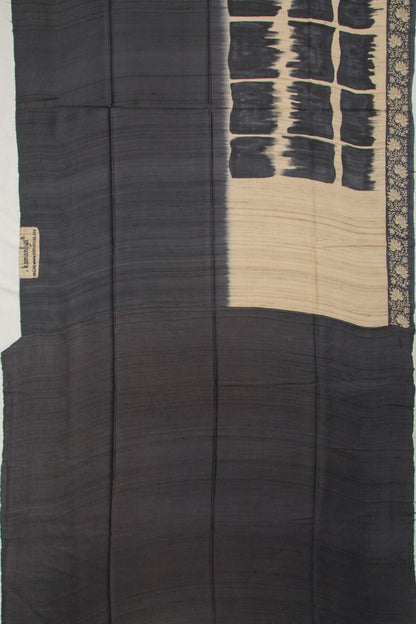 Tussar Half And Half Printed Beige And Black Saree With Kantha Work