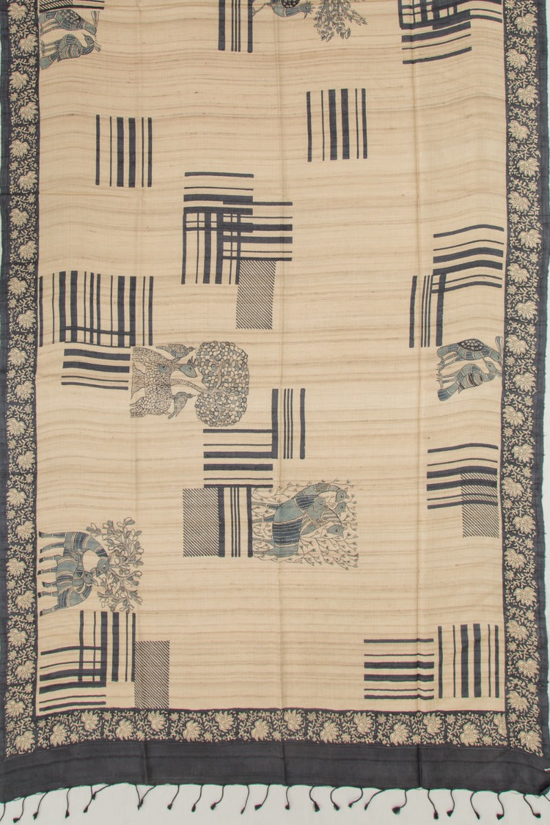 Tussar Half And Half Printed Beige And Black Saree With Kantha Work