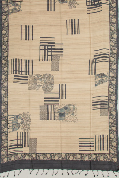 Tussar Half And Half Printed Beige And Black Saree With Kantha Work