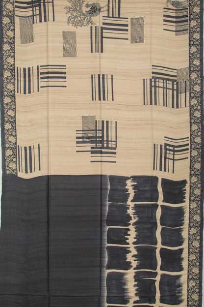 Tussar Half And Half Printed Beige And Black Saree With Kantha Work