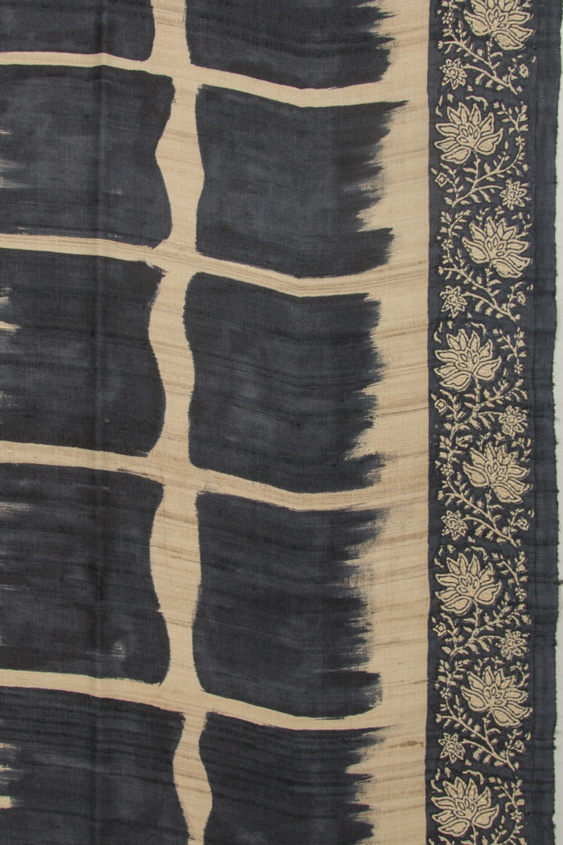 Tussar Half And Half Printed Beige And Black Saree With Kantha Work