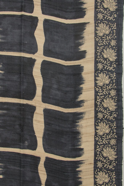 Tussar Half And Half Printed Beige And Black Saree With Kantha Work