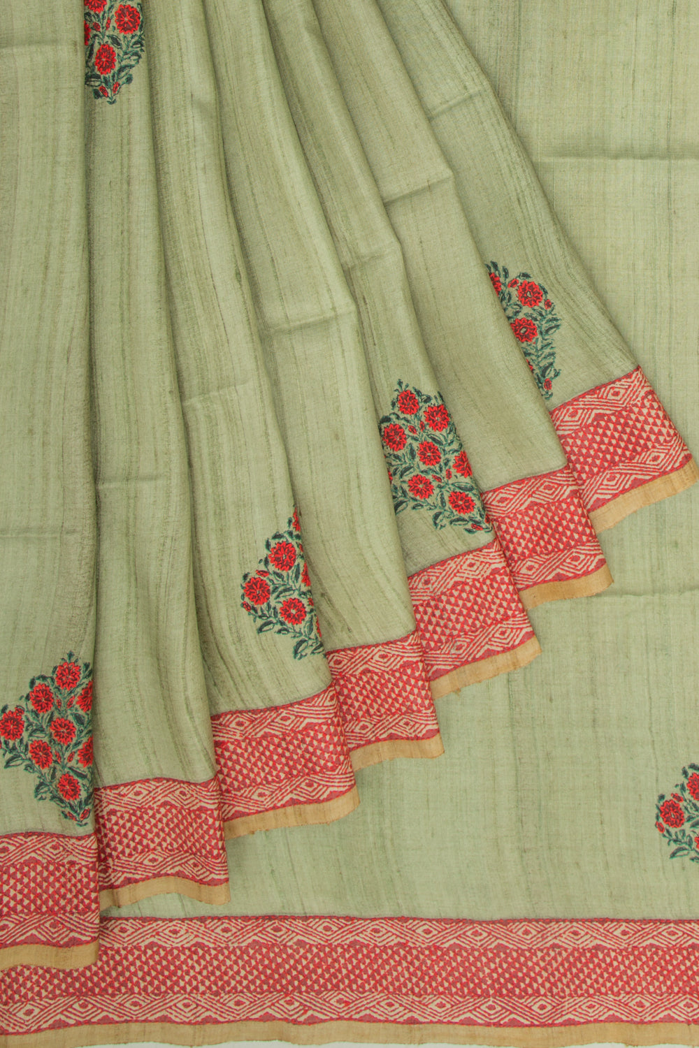 Tussar Butta Pista Green Saree With Kantha Work