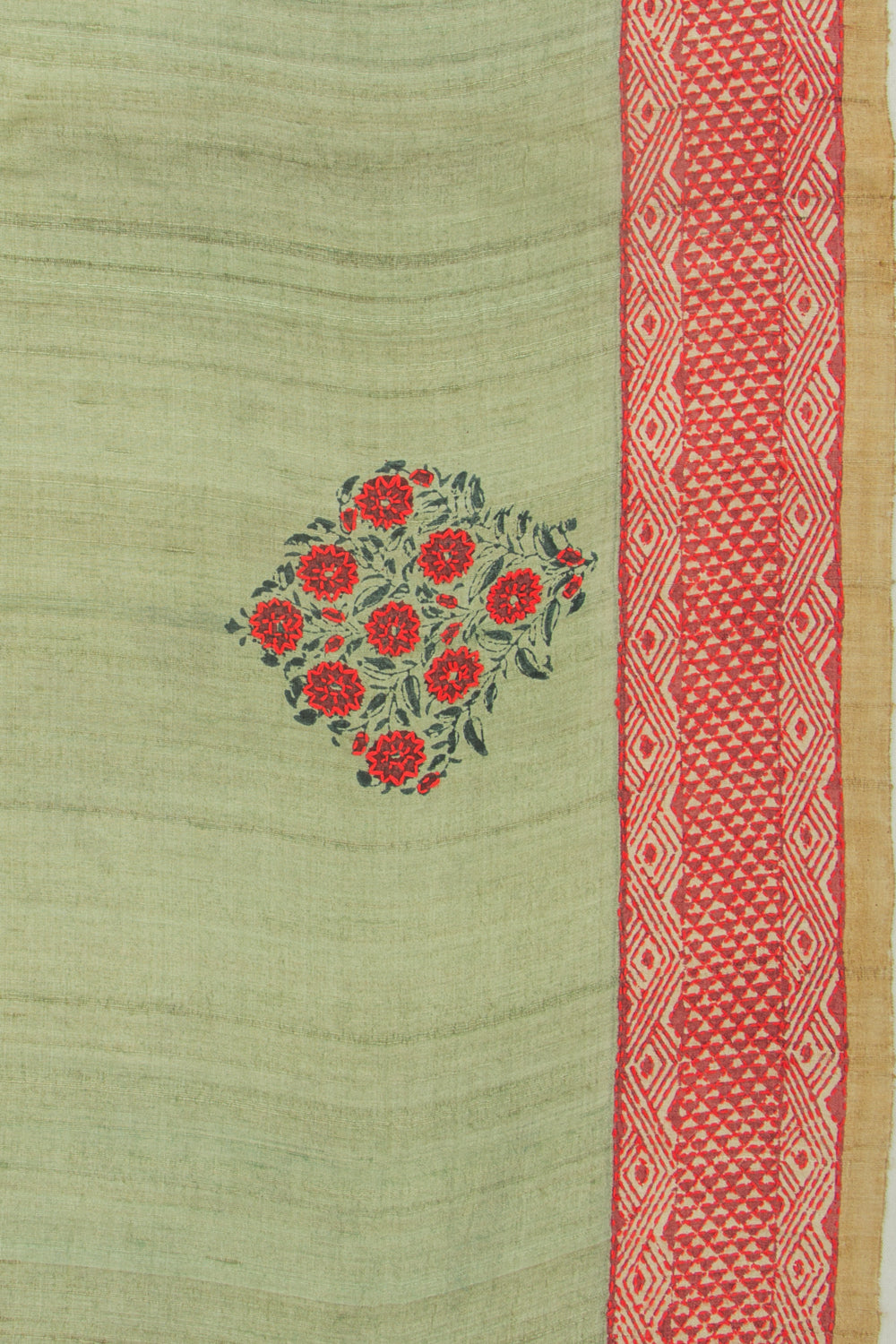 Tussar Butta Pista Green Saree With Kantha Work