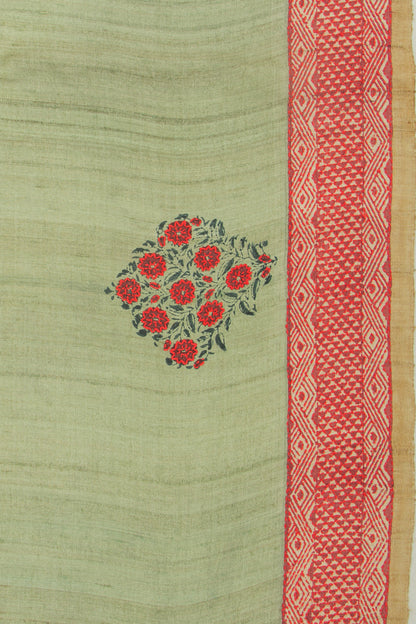 Tussar Butta Pista Green Saree With Kantha Work