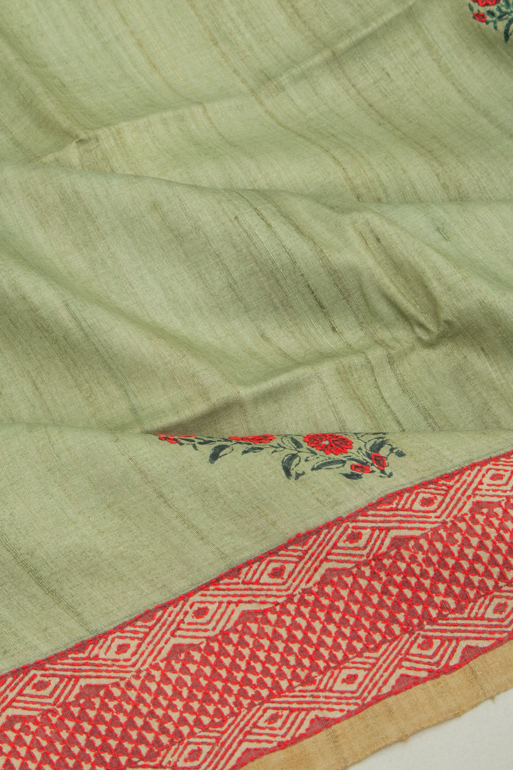 Tussar Butta Pista Green Saree With Kantha Work